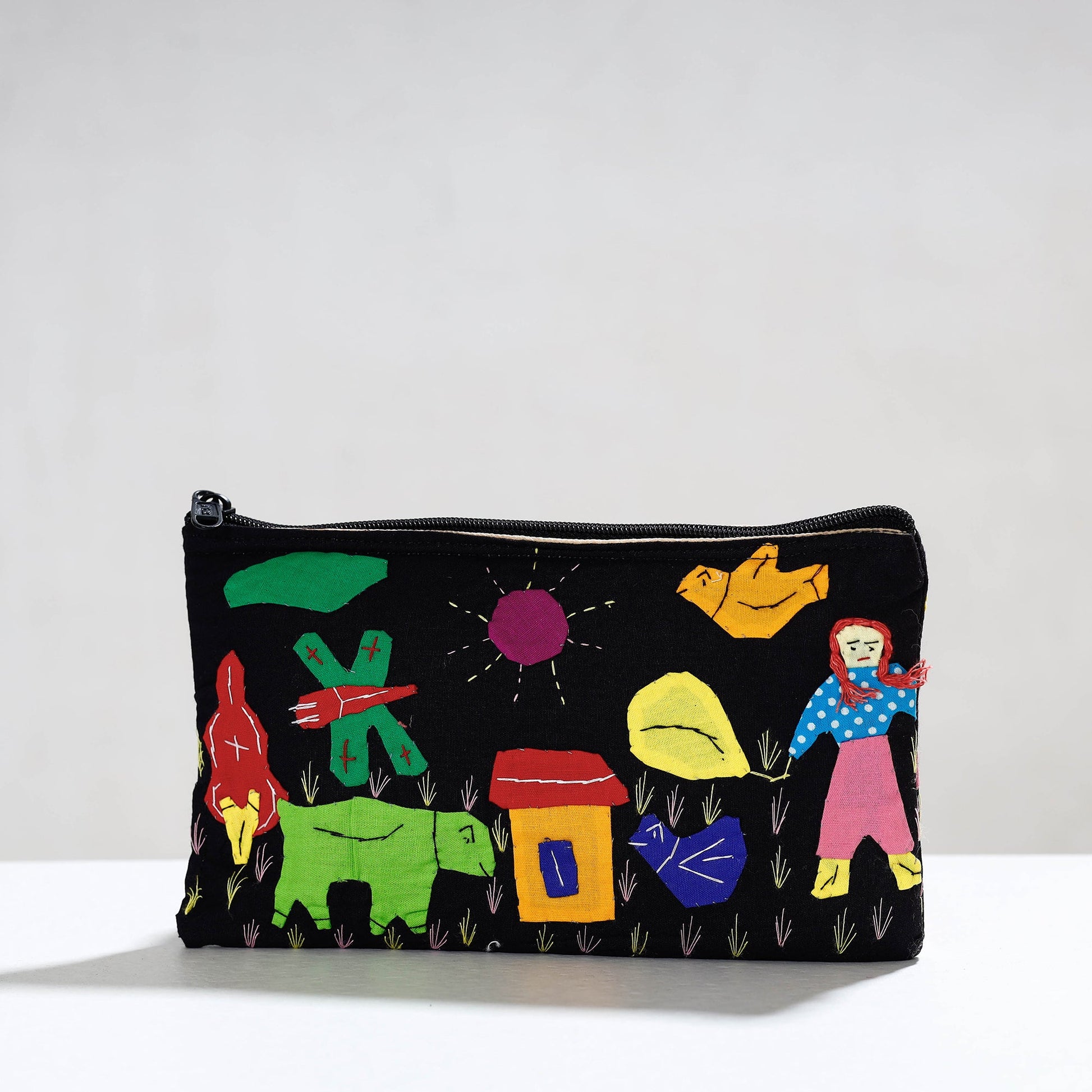 Black - Pipli Applique Work Cotton Cosmetic Pouch