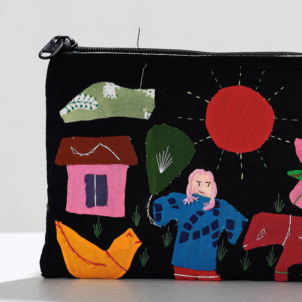 Black - Pipli Applique Work Cotton Cosmetic Pouch