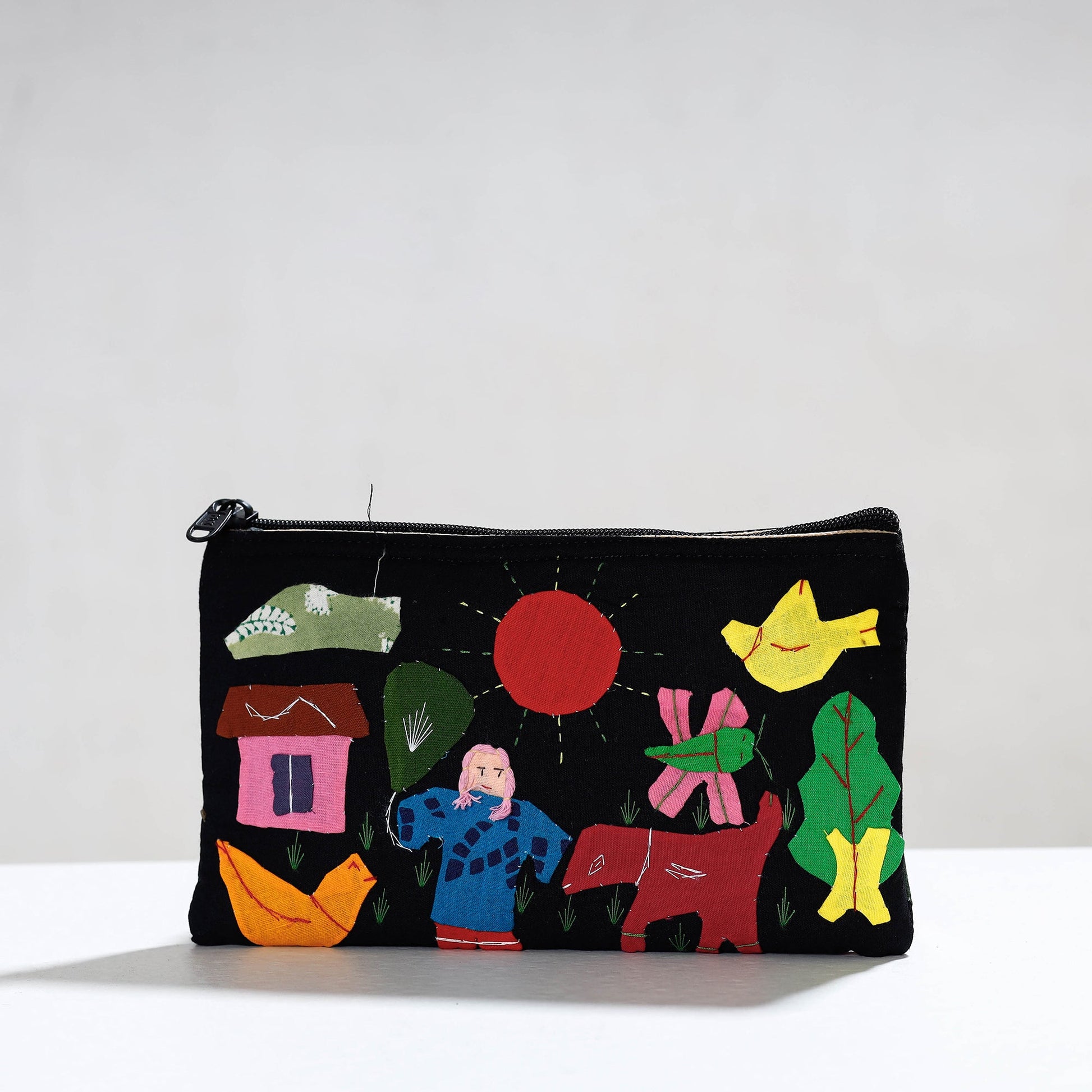 Black - Pipli Applique Work Cotton Cosmetic Pouch