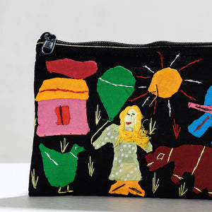 Black - Pipli Applique Work Cotton Cosmetic Pouch