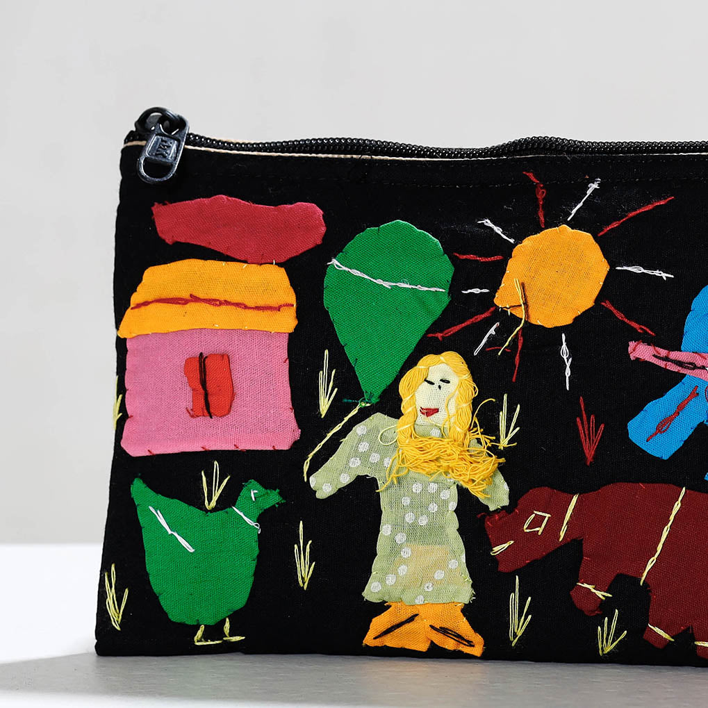 Black - Pipli Applique Work Cotton Cosmetic Pouch