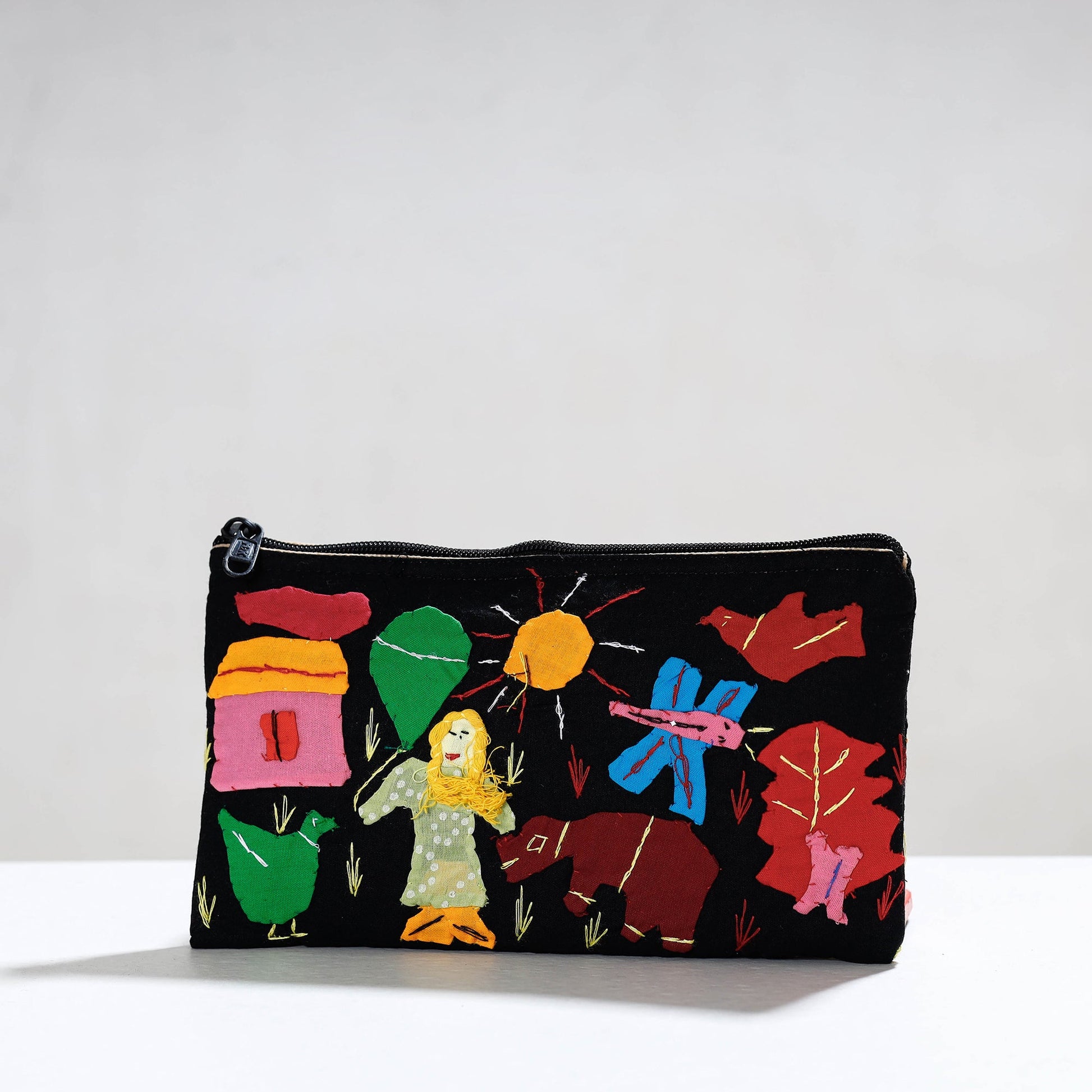 Black - Pipli Applique Work Cotton Cosmetic Pouch
