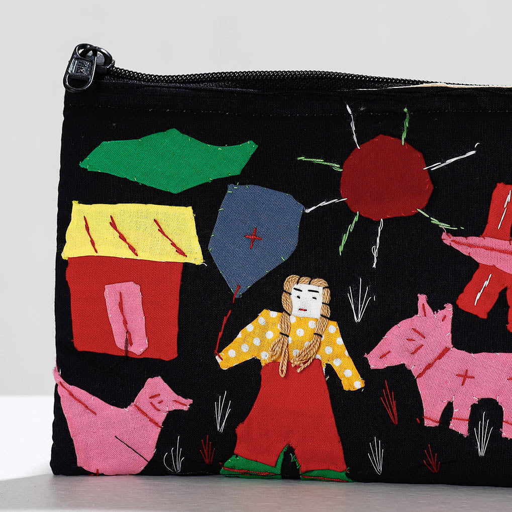 Black - Pipli Applique Work Cotton Cosmetic Pouch