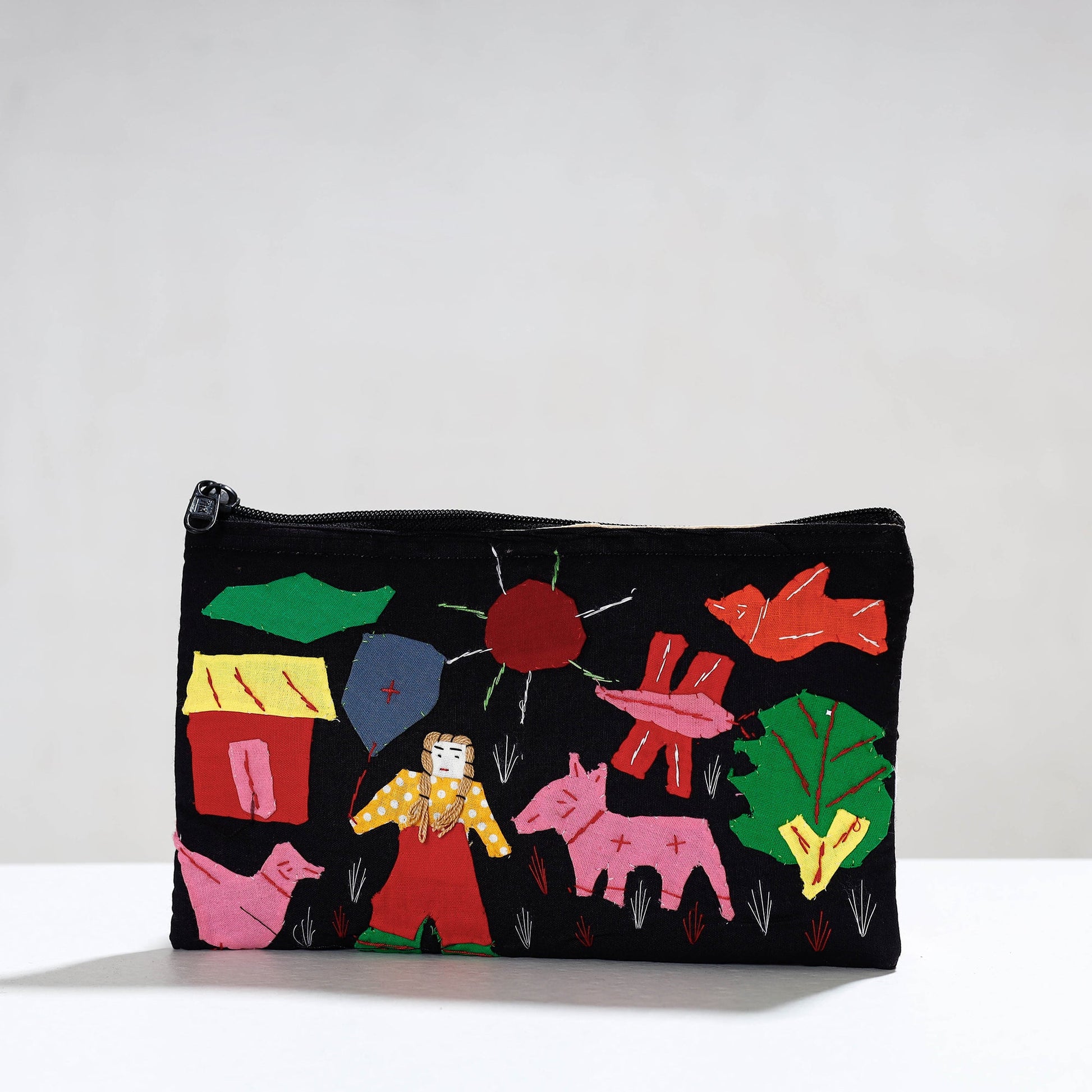 Black - Pipli Applique Work Cotton Cosmetic Pouch