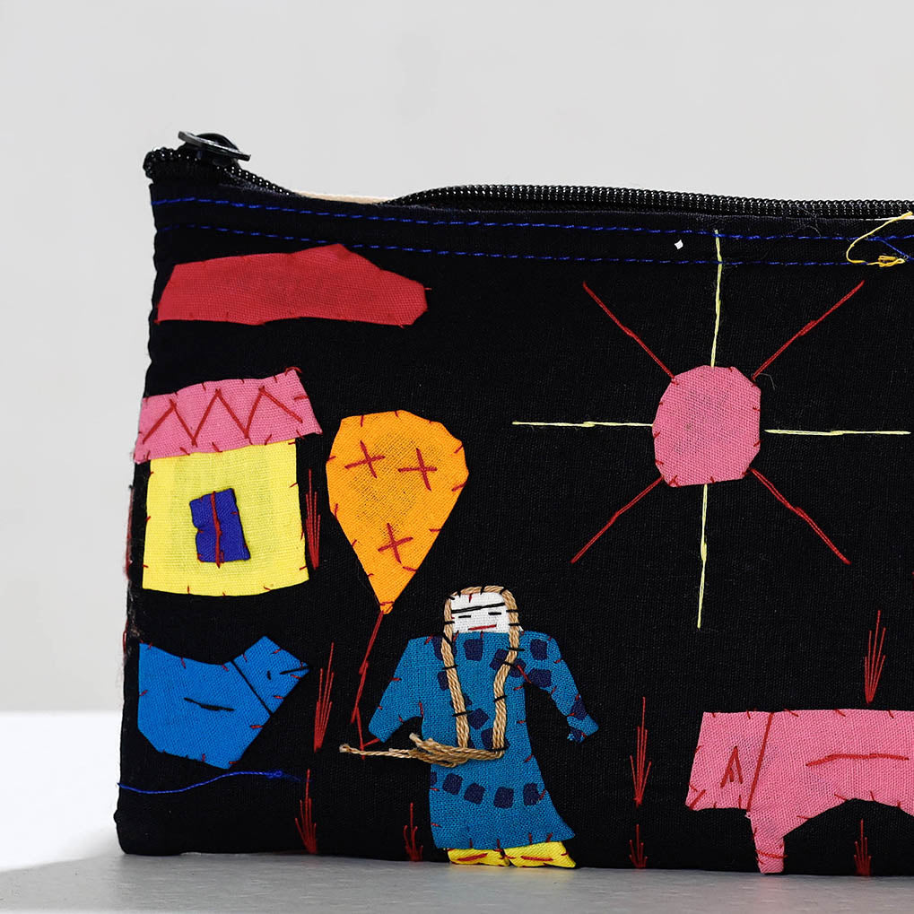 Black - Pipli Applique Work Cotton Cosmetic Pouch