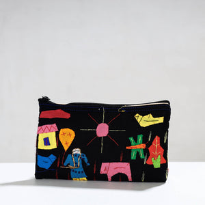 Black - Pipli Applique Work Cotton Cosmetic Pouch