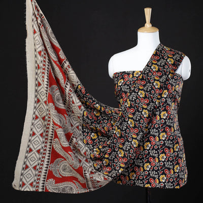 Black - 2pc Kalamkari Printed Cotton Suit Material Set