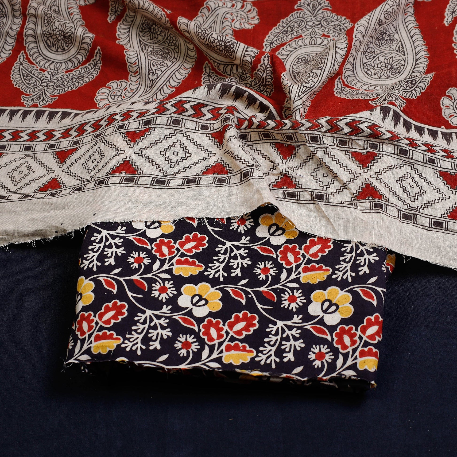 Black - 2pc Kalamkari Printed Cotton Suit Material Set