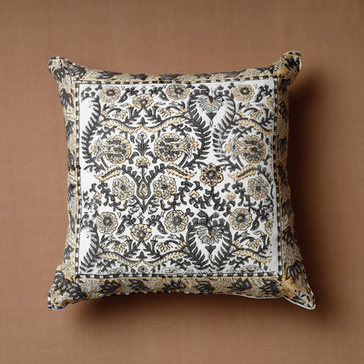 Beige - Block Print Cotton Sanganeri Cushion Cover (16 x 16 in)