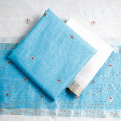 Blue - 3pc Chanderi Silk Cotton Handloom Flower Zari Buta Suit Material Set