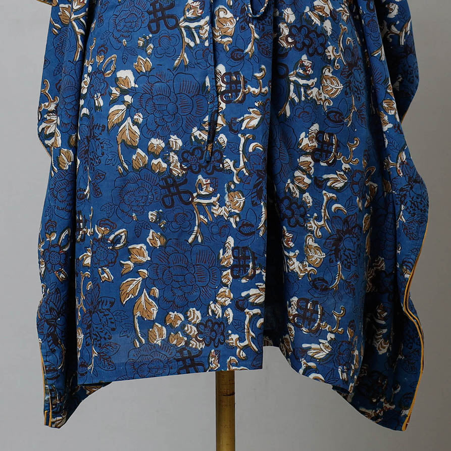 Blue - Bagru Block Printed Cotton Kaftan with Tie-Up Waist (Medium)