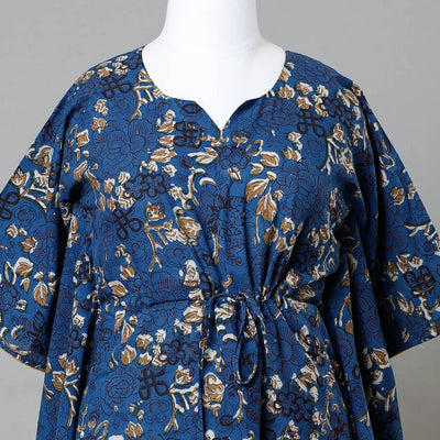 Blue - Bagru Block Printed Cotton Kaftan with Tie-Up Waist (Medium)
