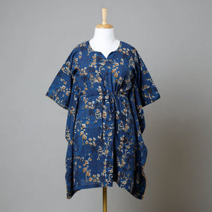 Blue - Bagru Block Printed Cotton Kaftan with Tie-Up Waist (Medium)