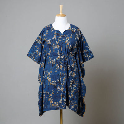 Blue - Bagru Block Printed Cotton Kaftan with Tie-Up Waist (Medium)