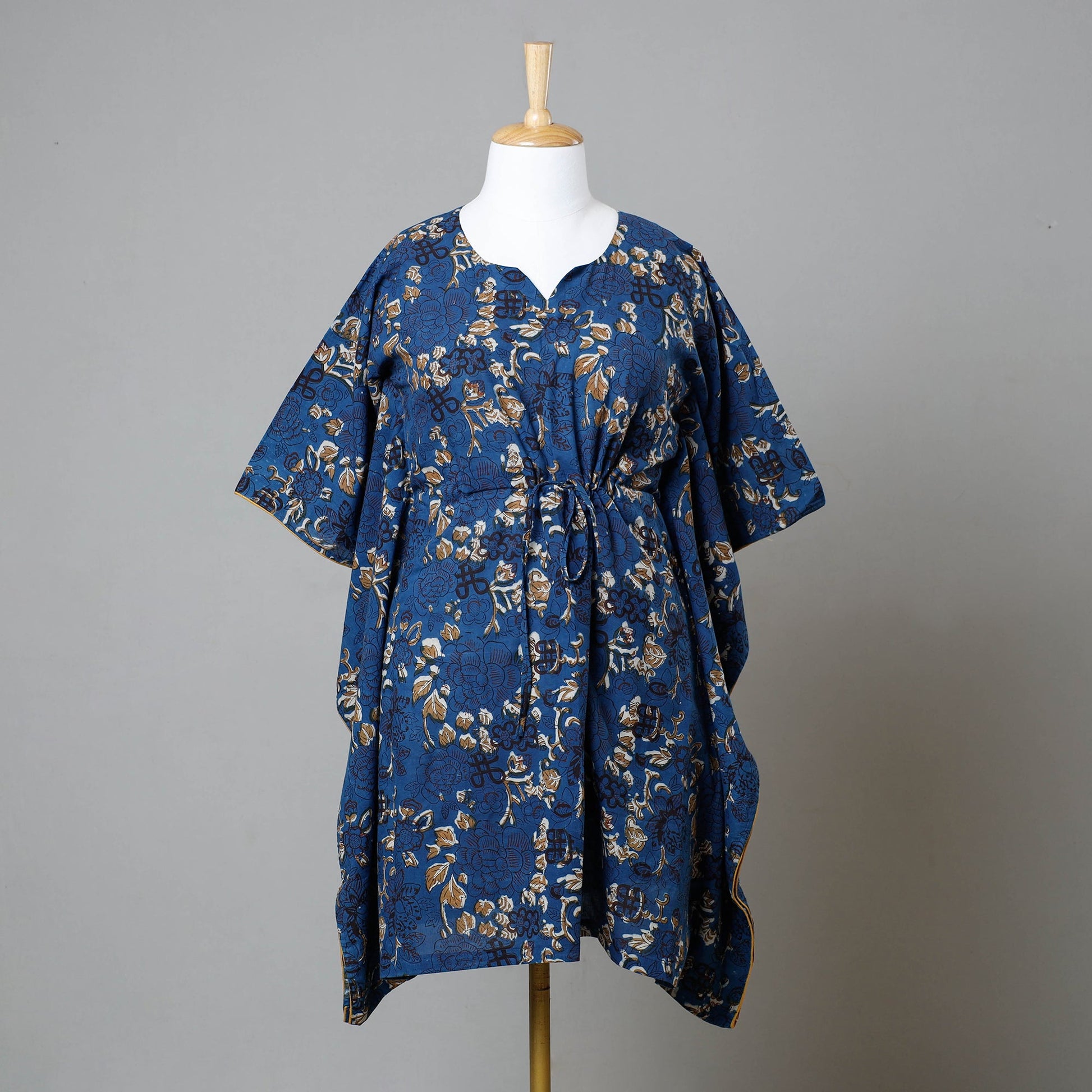 Blue - Bagru Block Printed Cotton Kaftan with Tie-Up Waist (Medium)