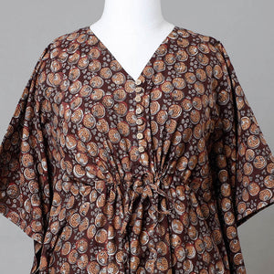 Brown - Bagru Block Printed Cotton Kaftan with Tie-Up Waist (Medium)