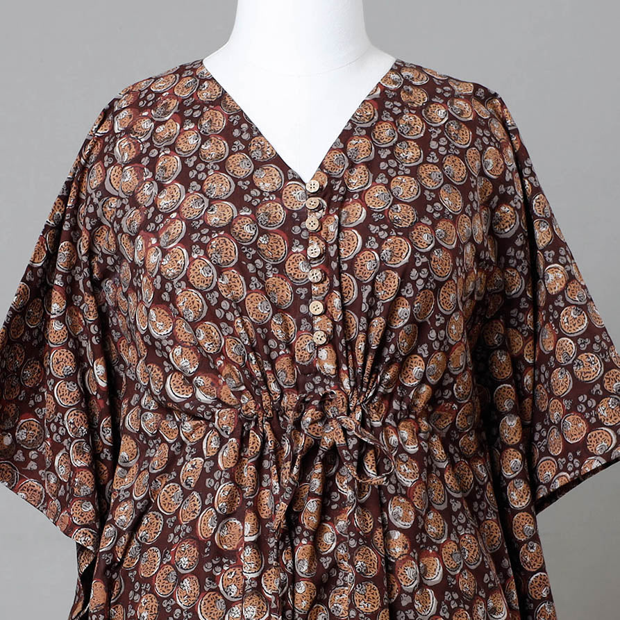 Brown - Bagru Block Printed Cotton Kaftan with Tie-Up Waist (Medium)