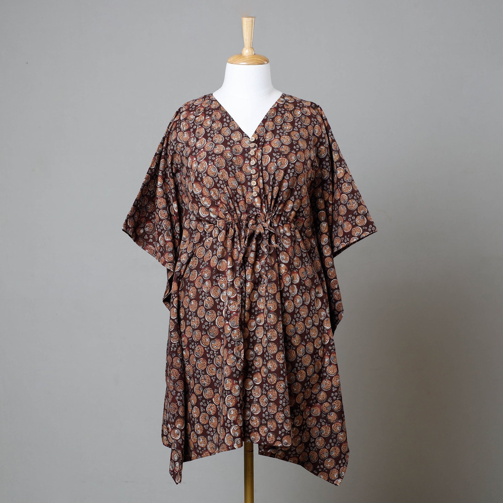 Brown - Bagru Block Printed Cotton Kaftan with Tie-Up Waist (Medium)