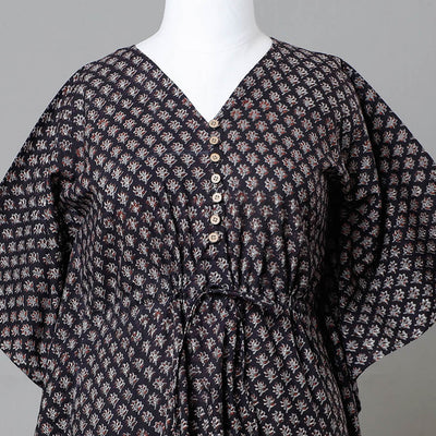 Black - Bagru Block Printed Cotton Kaftan with Tie-Up Waist (Medium)