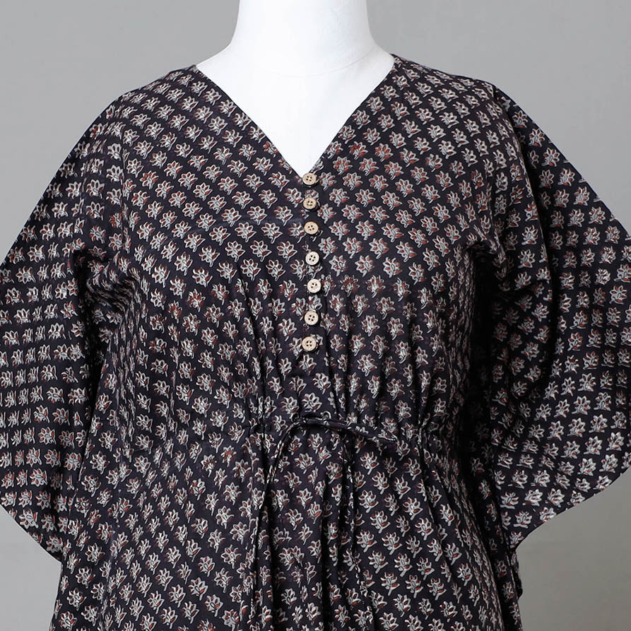 Black - Bagru Block Printed Cotton Kaftan with Tie-Up Waist (Medium)