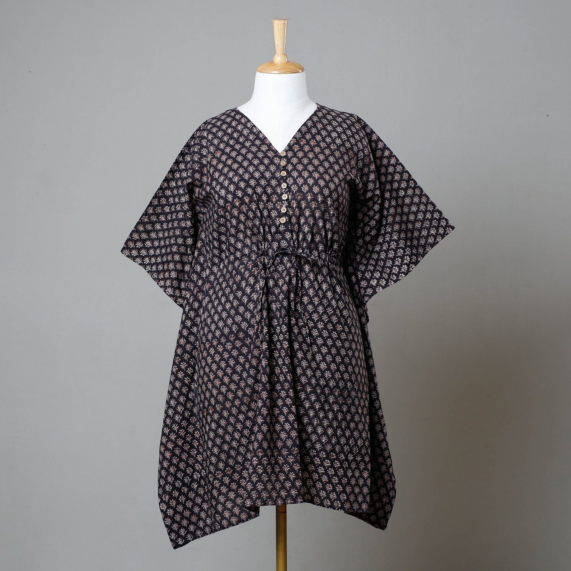 Black - Bagru Block Printed Cotton Kaftan with Tie-Up Waist (Medium)