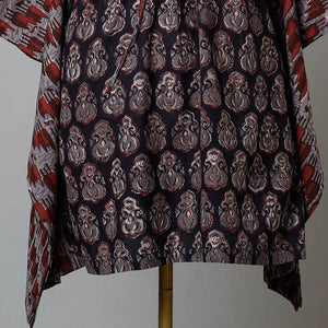 Black - Bagru Block Printed Cotton Kaftan with Tie-Up Waist (Medium)