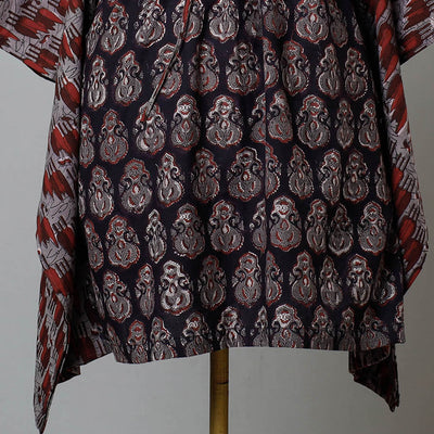 Black - Bagru Block Printed Cotton Kaftan with Tie-Up Waist (Medium)