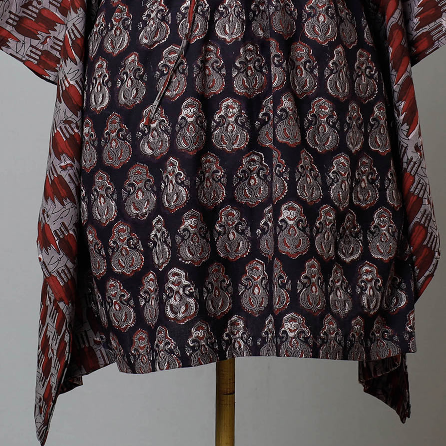 Black - Bagru Block Printed Cotton Kaftan with Tie-Up Waist (Medium)