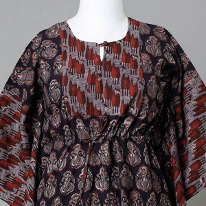 Black - Bagru Block Printed Cotton Kaftan with Tie-Up Waist (Medium)