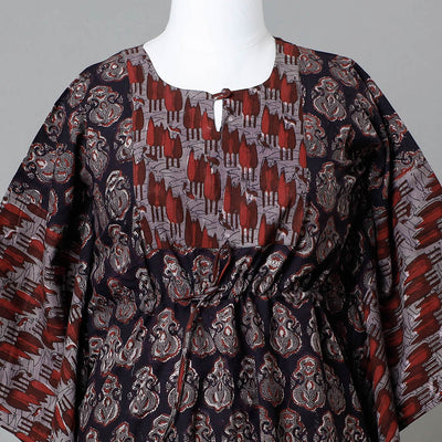 Black - Bagru Block Printed Cotton Kaftan with Tie-Up Waist (Medium)