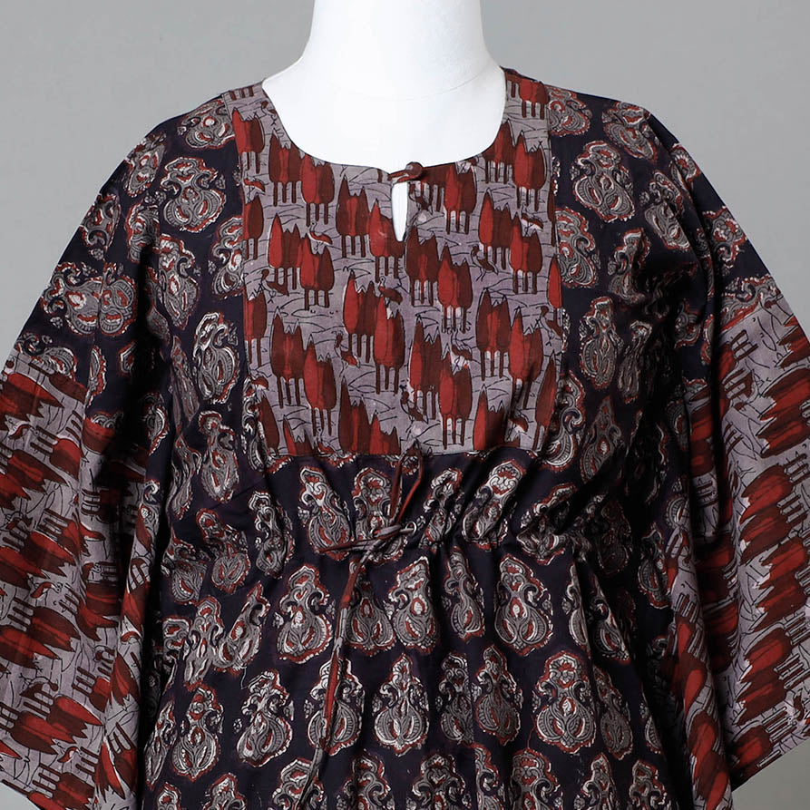 Black - Bagru Block Printed Cotton Kaftan with Tie-Up Waist (Medium)