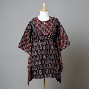 Black - Bagru Block Printed Cotton Kaftan with Tie-Up Waist (Medium)