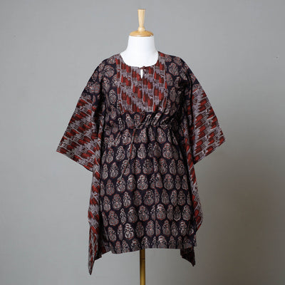 Black - Bagru Block Printed Cotton Kaftan with Tie-Up Waist (Medium)