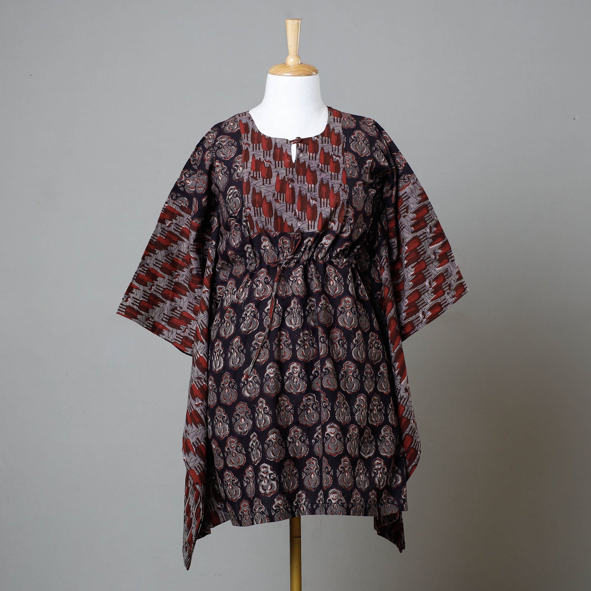 Black - Bagru Block Printed Cotton Kaftan with Tie-Up Waist (Medium)