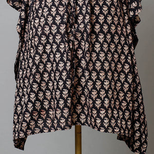 Black - Bagru Block Printed Cotton Kaftan with Tie-Up Waist (Medium)