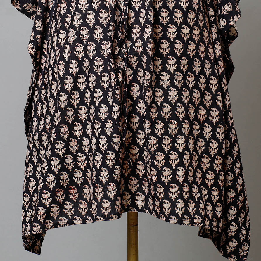 Black - Bagru Block Printed Cotton Kaftan with Tie-Up Waist (Medium)