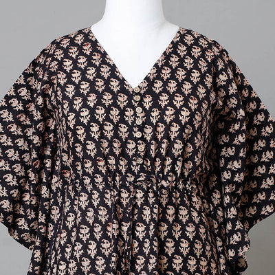 Black - Bagru Block Printed Cotton Kaftan with Tie-Up Waist (Medium)