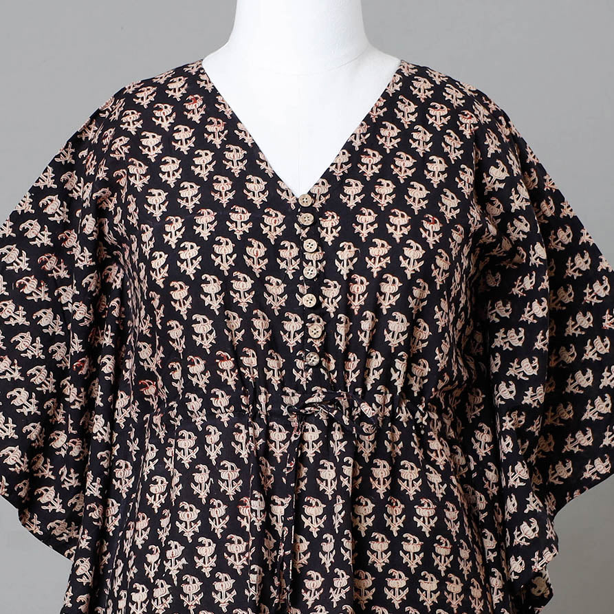 Black - Bagru Block Printed Cotton Kaftan with Tie-Up Waist (Medium)