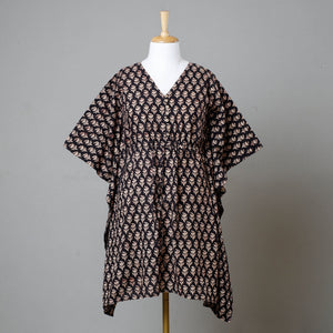 Black - Bagru Block Printed Cotton Kaftan with Tie-Up Waist (Medium)