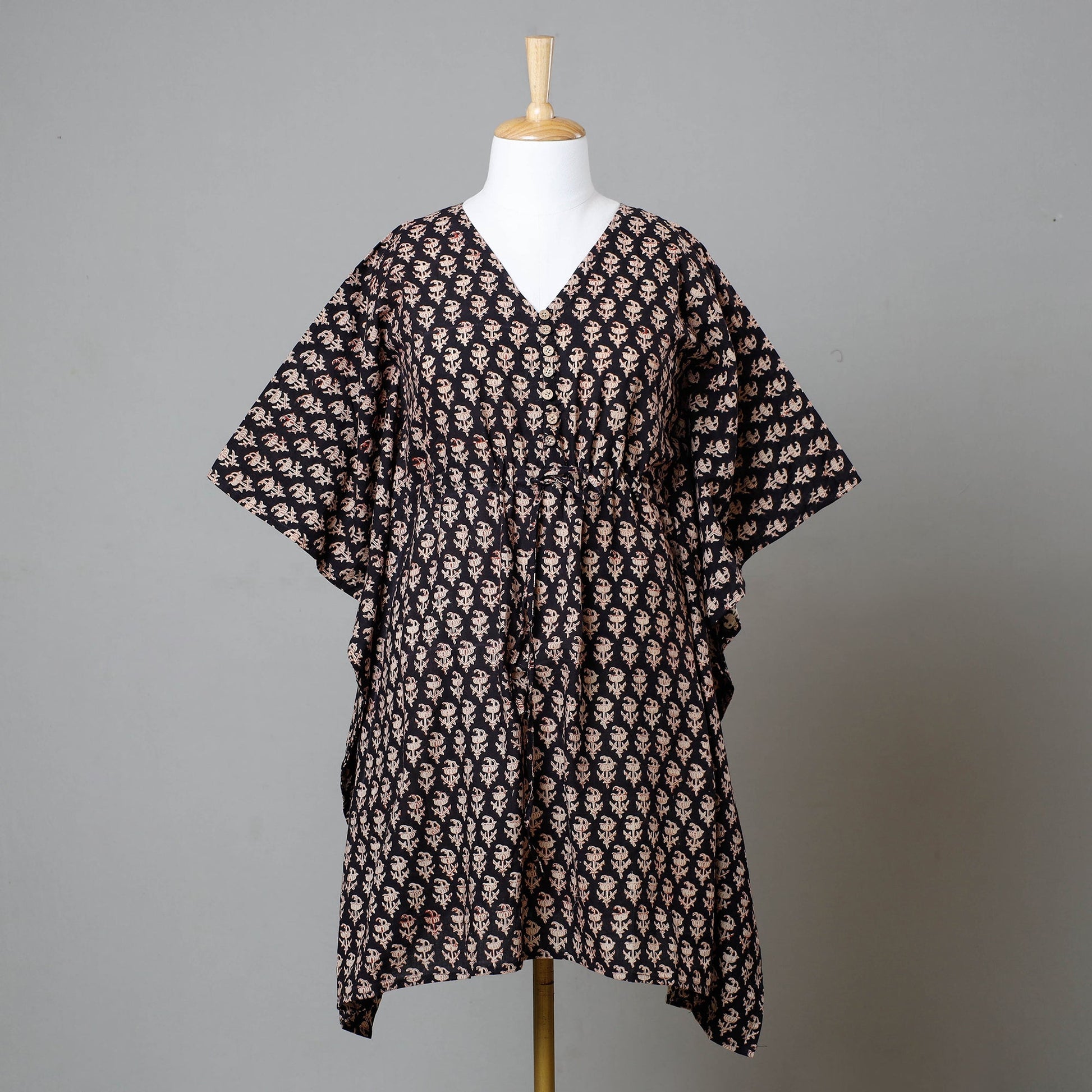 Black - Bagru Block Printed Cotton Kaftan with Tie-Up Waist (Medium)