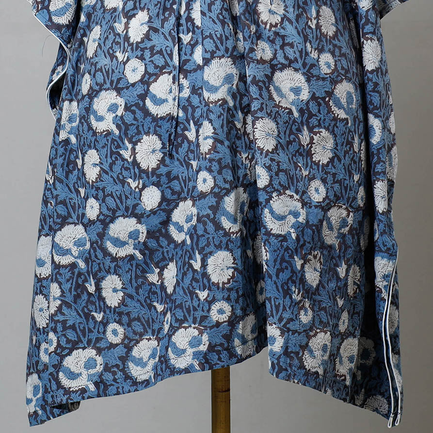 Blue - Bagru Block Printed Cotton Kaftan with Tie-Up Waist (Medium)