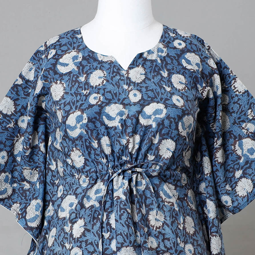Blue - Bagru Block Printed Cotton Kaftan with Tie-Up Waist (Medium)
