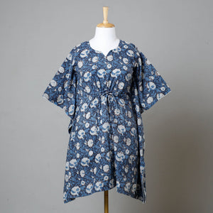 Blue - Bagru Block Printed Cotton Kaftan with Tie-Up Waist (Medium)