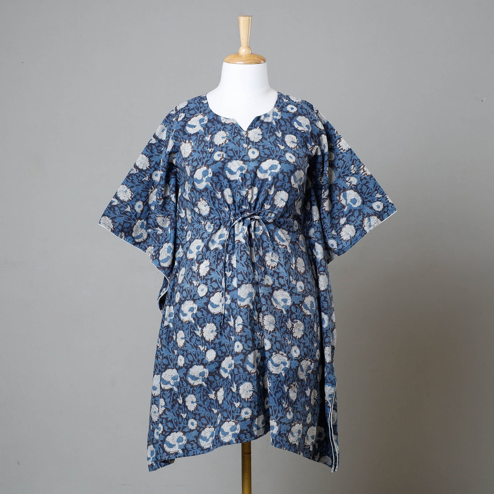 Blue - Bagru Block Printed Cotton Kaftan with Tie-Up Waist (Medium)