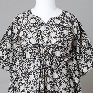 Black - Bagru Block Printed Cotton Kaftan with Tie-Up Waist (Medium)
