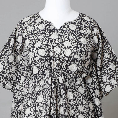 Black - Bagru Block Printed Cotton Kaftan with Tie-Up Waist (Medium)