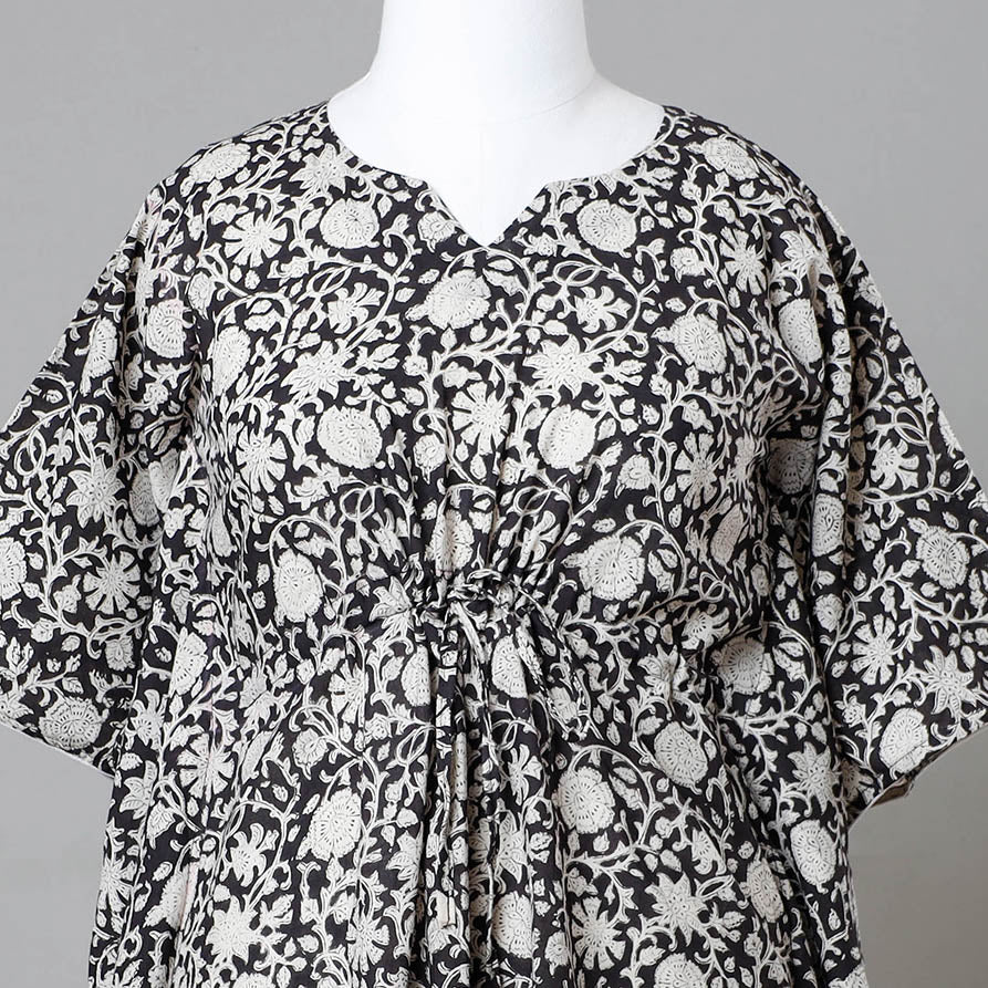Black - Bagru Block Printed Cotton Kaftan with Tie-Up Waist (Medium)