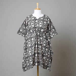 Black - Bagru Block Printed Cotton Kaftan with Tie-Up Waist (Medium)