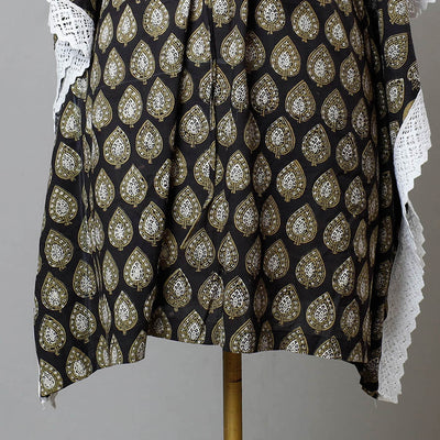 Black - Bagru Block Printed Cotton Kaftan with Tie-Up Waist (Medium)