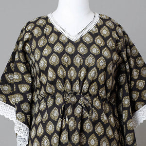 Black - Bagru Block Printed Cotton Kaftan with Tie-Up Waist (Medium)